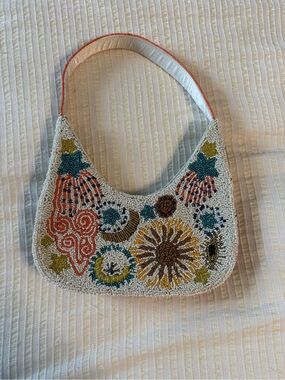 Beaded White Multi-Color Hobo Bag